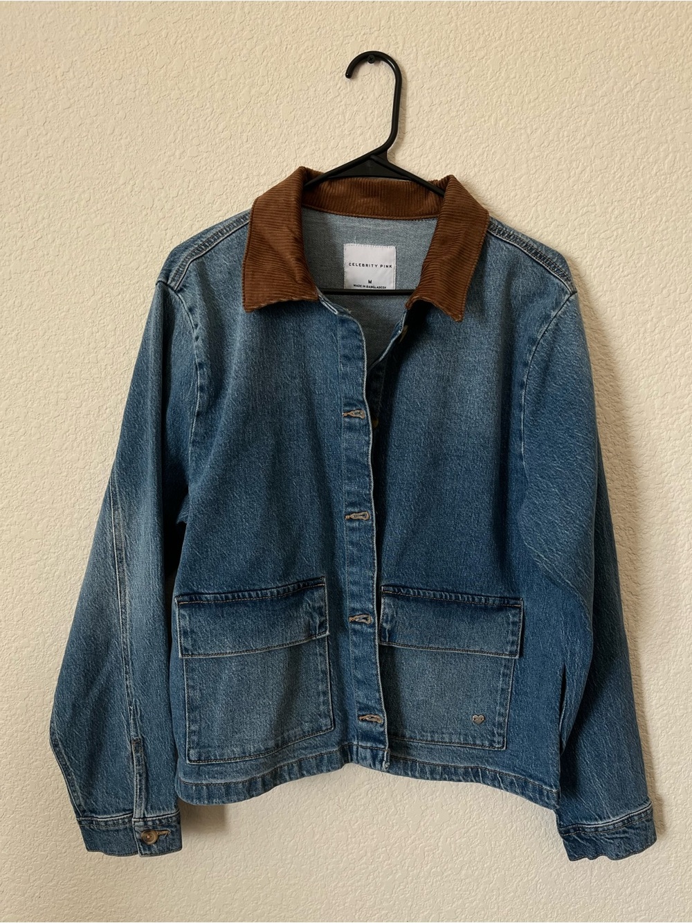 Denim Jacket with Brown Corduroy Collar - Women's Blue Jean Coat